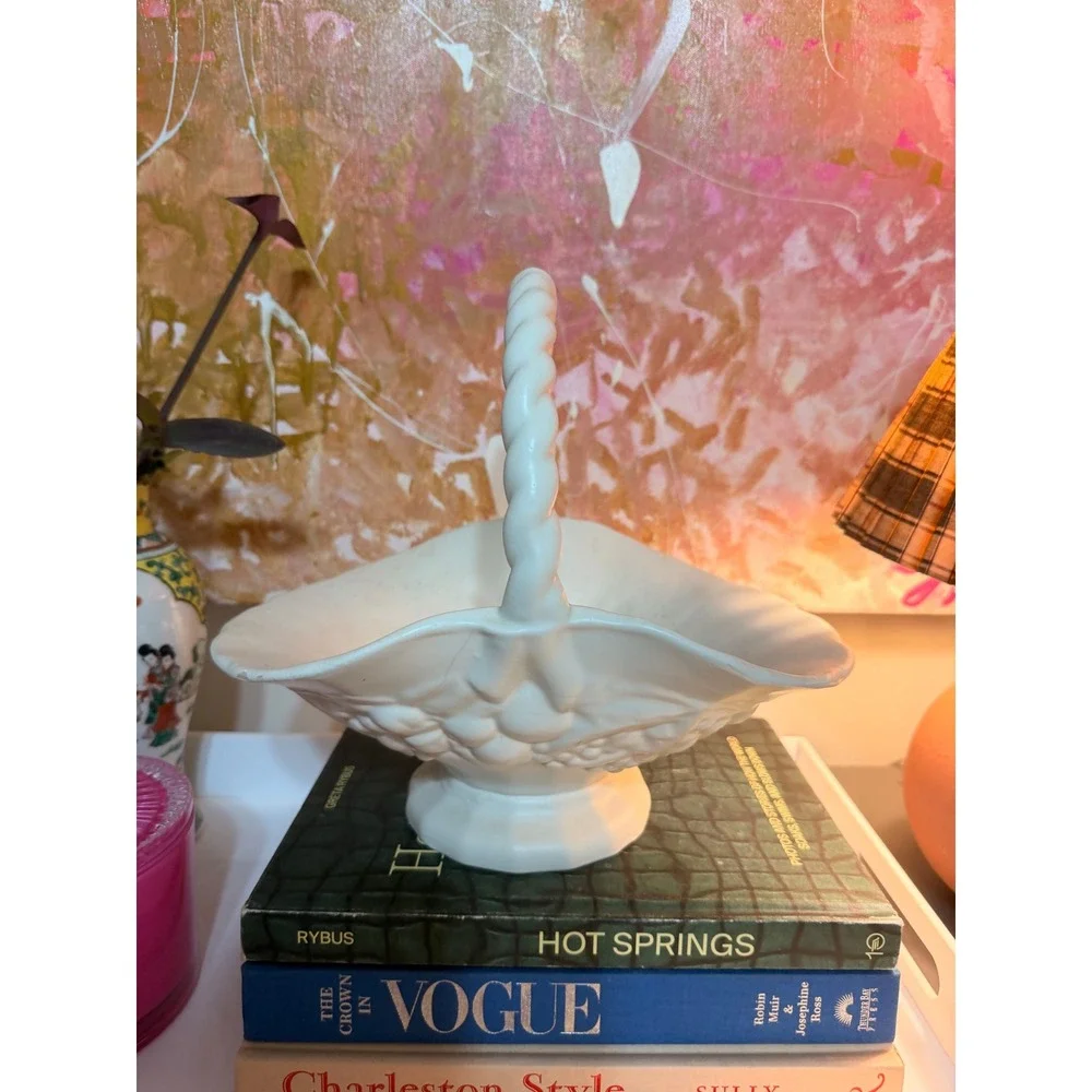 Handmade Ceramic Fruit Basket OS White 1977 Vintage Grape Embossed Rope Handle